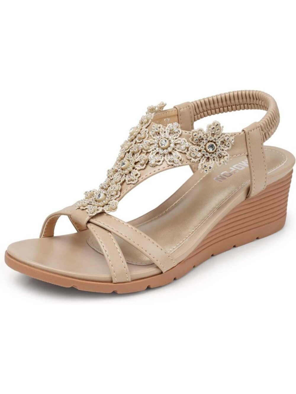 Women's Apricot Elastic Open Toe Flower Low Wedge Heels Platform Sandal Shoes